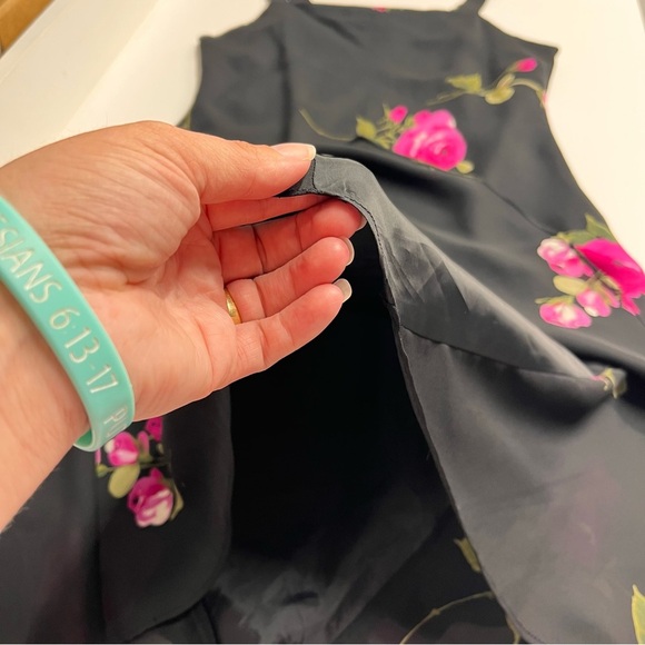 Black pink floral dress y2k style asymmetrical mesh overlay lined dark floral - Picture 3 of 10